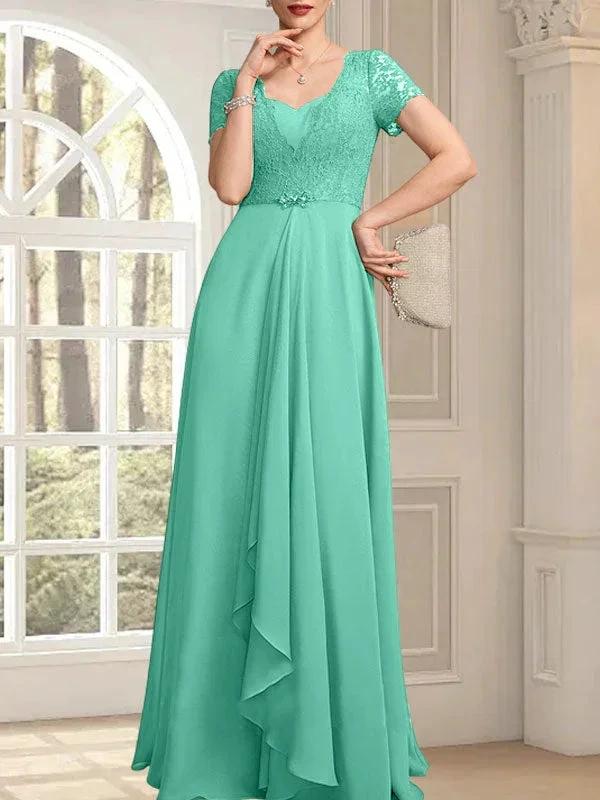 A-line Sweetheart Floor-Length Chiffon Lace Mother of the Bride Dress With Beading Cascading Ruffles - Image 28