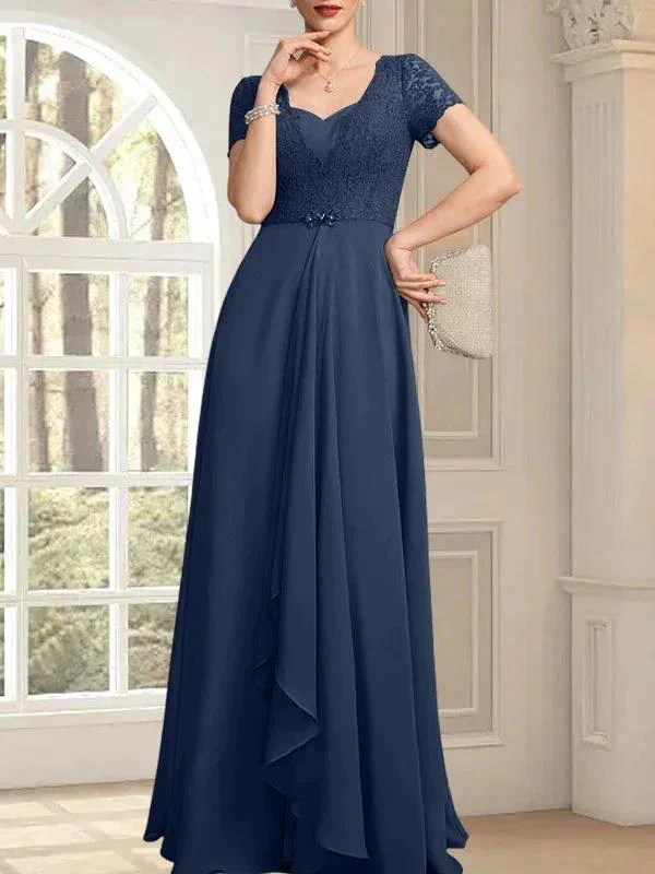 A-line Sweetheart Floor-Length Chiffon Lace Mother of the Bride Dress With Beading Cascading Ruffles - Image 29