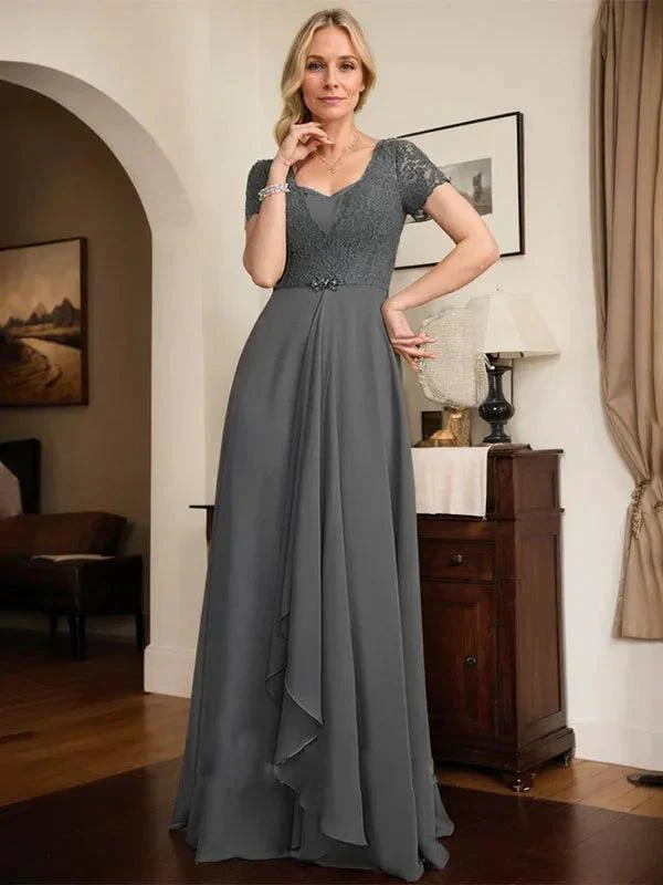 A-line Sweetheart Floor-Length Chiffon Lace Mother of the Bride Dress With Beading Cascading Ruffles - Image 3
