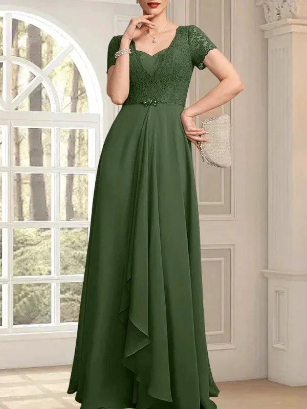 A-line Sweetheart Floor-Length Chiffon Lace Mother of the Bride Dress With Beading Cascading Ruffles - Image 30