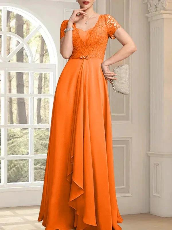 A-line Sweetheart Floor-Length Chiffon Lace Mother of the Bride Dress With Beading Cascading Ruffles - Image 31