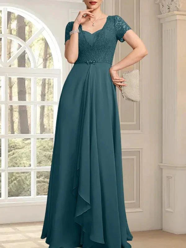 A-line Sweetheart Floor-Length Chiffon Lace Mother of the Bride Dress With Beading Cascading Ruffles - Image 32