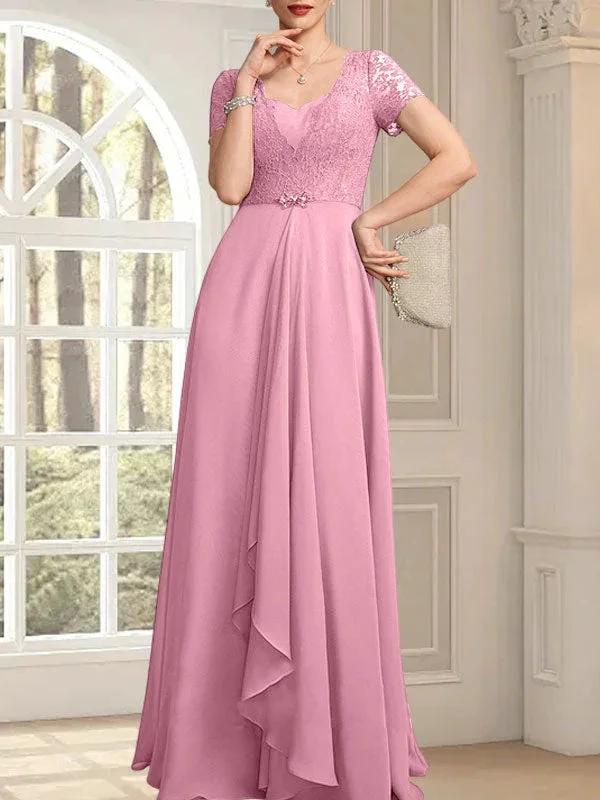 A-line Sweetheart Floor-Length Chiffon Lace Mother of the Bride Dress With Beading Cascading Ruffles - Image 33