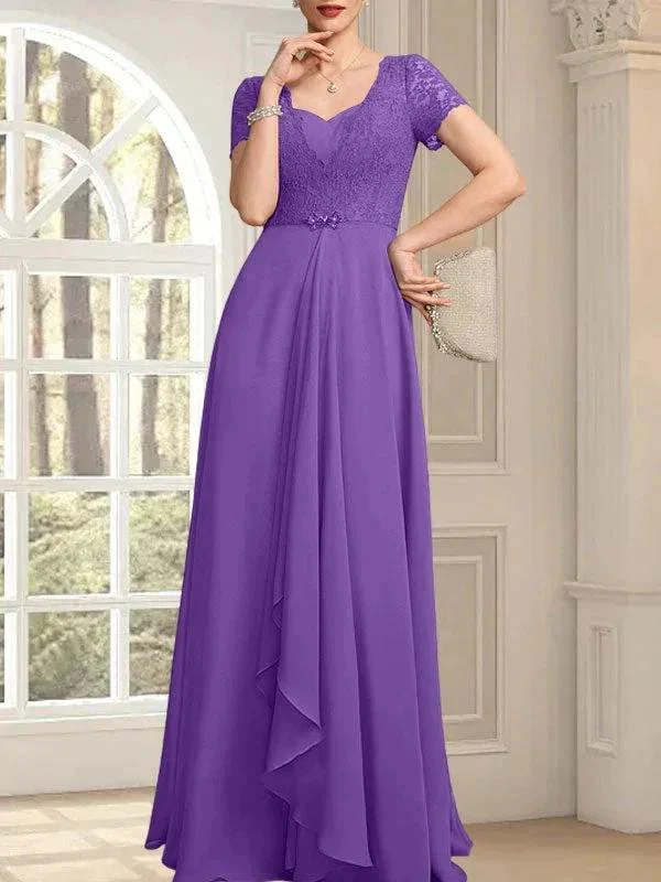 A-line Sweetheart Floor-Length Chiffon Lace Mother of the Bride Dress With Beading Cascading Ruffles - Image 34