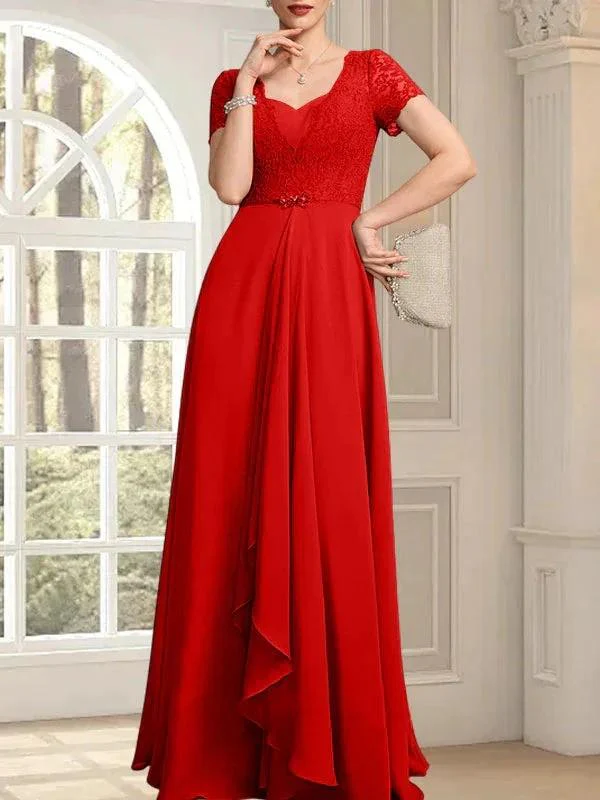 A-line Sweetheart Floor-Length Chiffon Lace Mother of the Bride Dress With Beading Cascading Ruffles - Image 35
