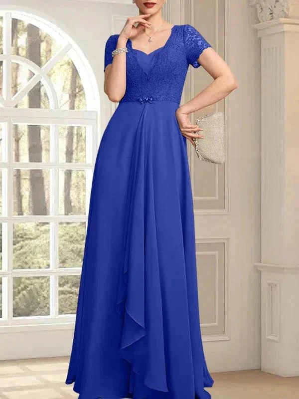 A-line Sweetheart Floor-Length Chiffon Lace Mother of the Bride Dress With Beading Cascading Ruffles - Image 36