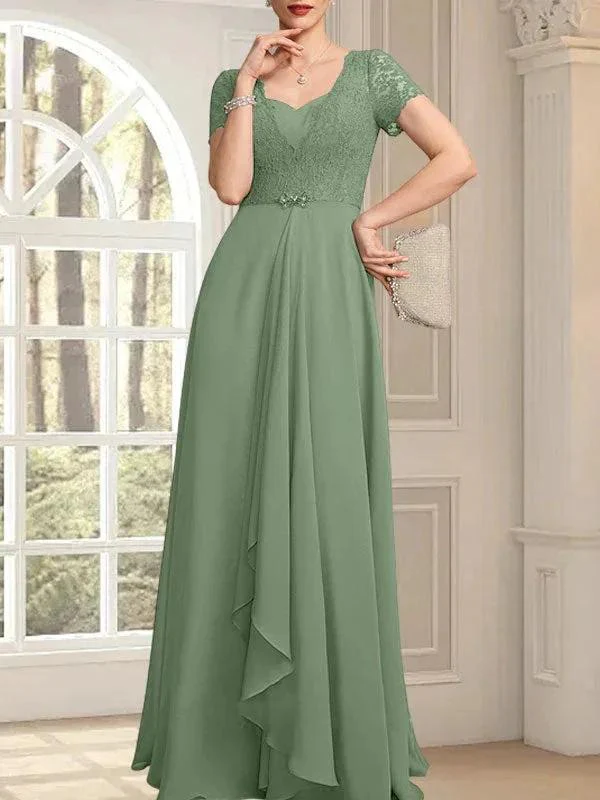 A-line Sweetheart Floor-Length Chiffon Lace Mother of the Bride Dress With Beading Cascading Ruffles - Image 38