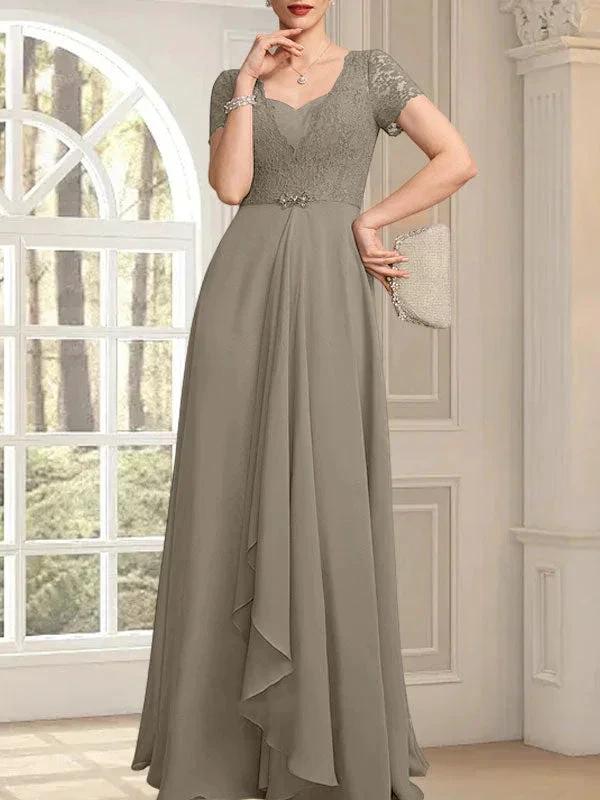 A-line Sweetheart Floor-Length Chiffon Lace Mother of the Bride Dress With Beading Cascading Ruffles - Image 39