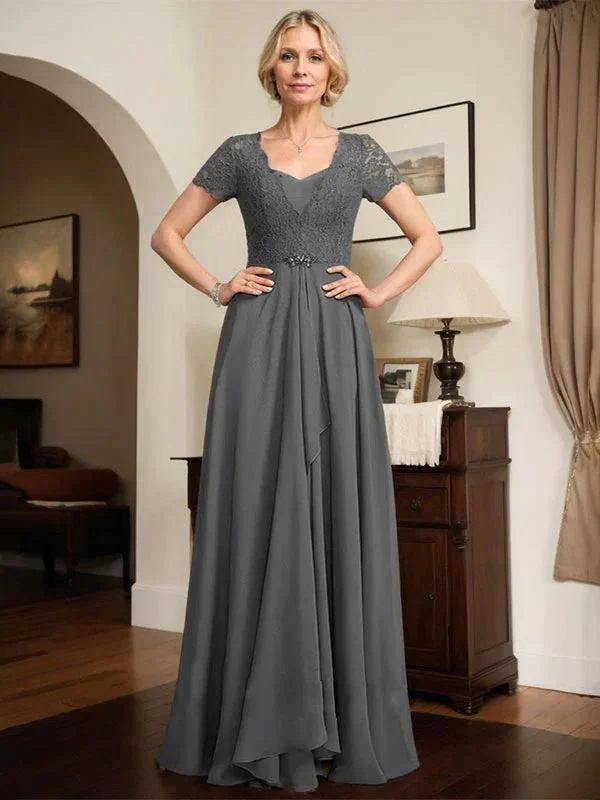 A-line Sweetheart Floor-Length Chiffon Lace Mother of the Bride Dress With Beading Cascading Ruffles - Image 4
