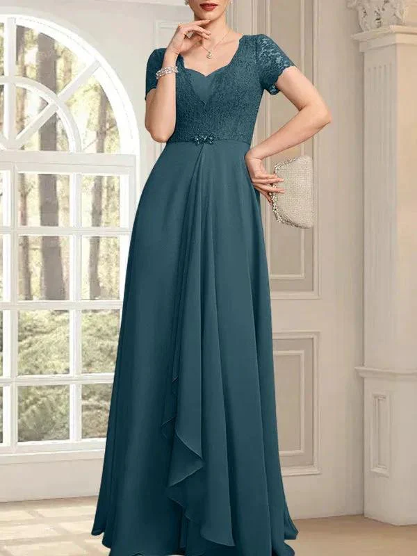 A-line Sweetheart Floor-Length Chiffon Lace Mother of the Bride Dress With Beading Cascading Ruffles - Image 40