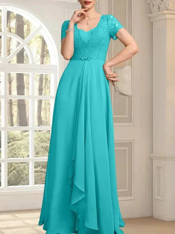 A-line Sweetheart Floor-Length Chiffon Lace Mother of the Bride Dress With Beading Cascading Ruffles - Image 41