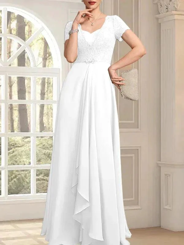 A-line Sweetheart Floor-Length Chiffon Lace Mother of the Bride Dress With Beading Cascading Ruffles - Image 42