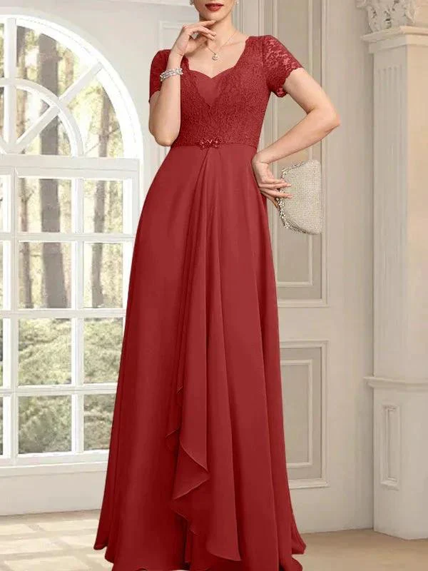 A-line Sweetheart Floor-Length Chiffon Lace Mother of the Bride Dress With Beading Cascading Ruffles - Image 43