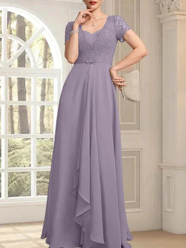 A-line Sweetheart Floor-Length Chiffon Lace Mother of the Bride Dress With Beading Cascading Ruffles - Image 44