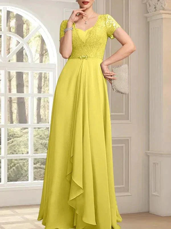A-line Sweetheart Floor-Length Chiffon Lace Mother of the Bride Dress With Beading Cascading Ruffles - Image 45