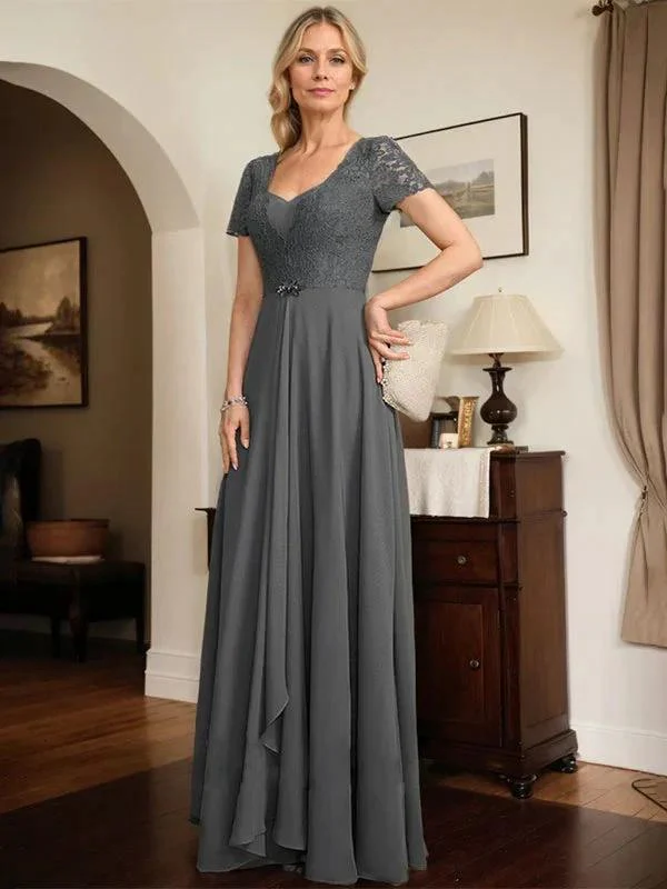 A-line Sweetheart Floor-Length Chiffon Lace Mother of the Bride Dress With Beading Cascading Ruffles - Image 5