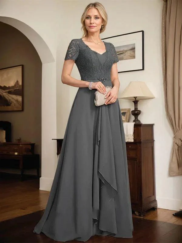 A-line Sweetheart Floor-Length Chiffon Lace Mother of the Bride Dress With Beading Cascading Ruffles - Image 6