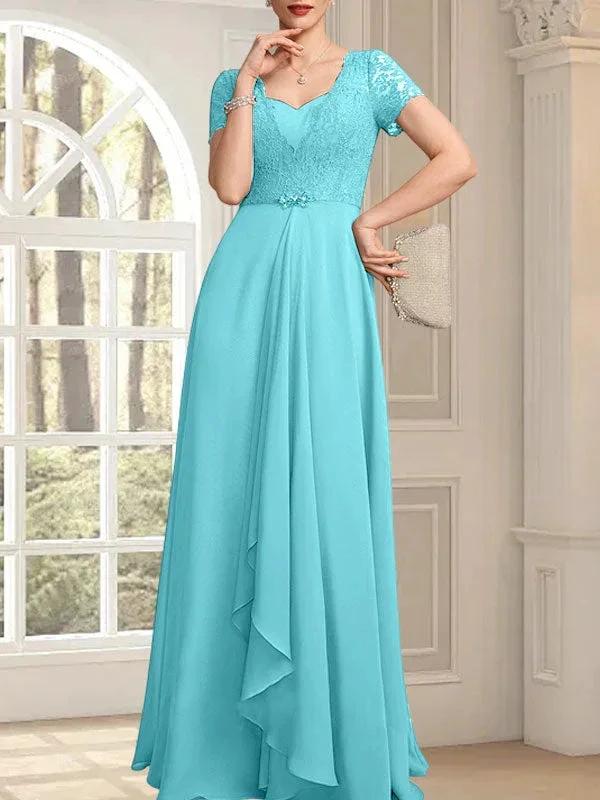 A-line Sweetheart Floor-Length Chiffon Lace Mother of the Bride Dress With Beading Cascading Ruffles - Image 9