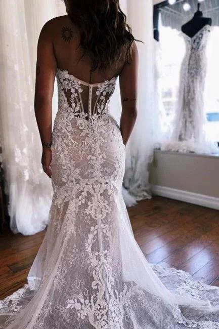 A-Line Sweetheart Floor-Length Split Front Tulle Wedding Dresses with Lace - Image 2