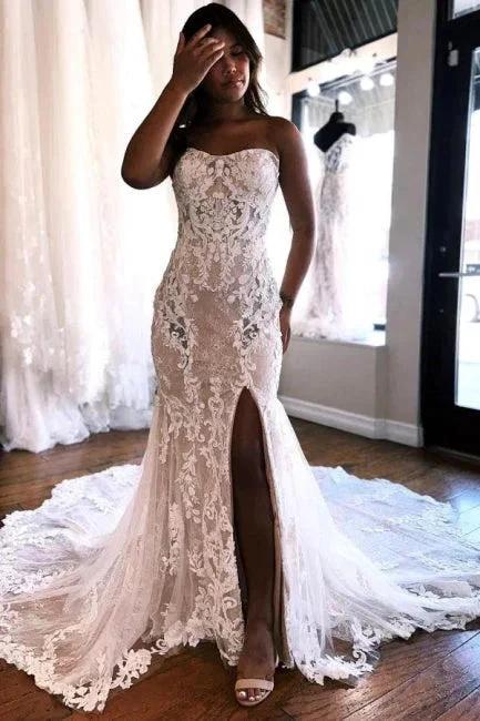 A-Line Sweetheart Floor-Length Split Front Tulle Wedding Dresses with Lace - Image 3