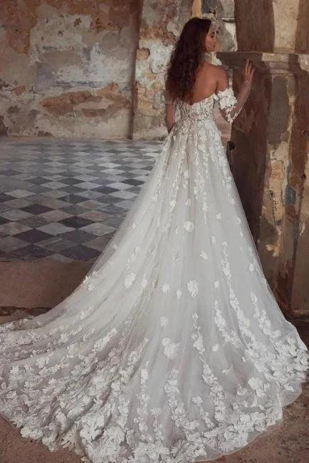A-Line Sweetheart Floor-Length Strapless Tulle Wedding Dresses with Appliques - Image 2