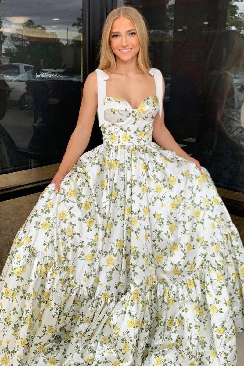 A-Line Sweetheart Floral Printed Satin Long Prom Dresses - Image 3
