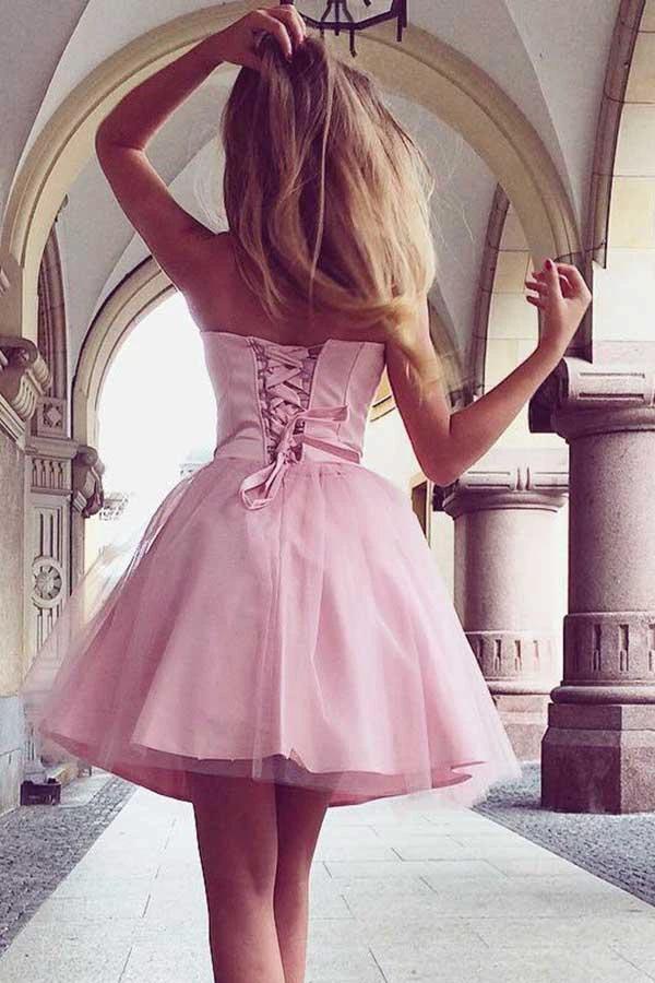 A-Line Sweetheart Lace-up Short Pink Tulle Homecoming Dress PD199 - Image 2