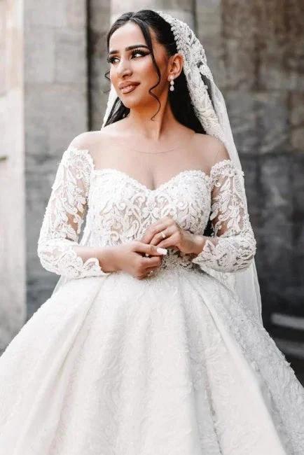 Ball Gown Sweetheart Long Sleeve Floor-Length Stain Wedding Dresses with Lace - Image 2