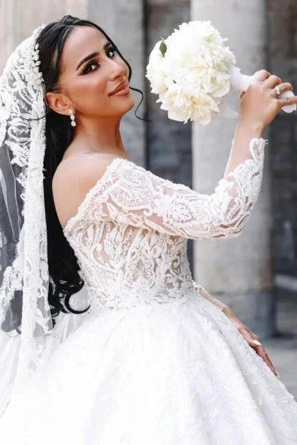 Ball Gown Sweetheart Long Sleeve Floor-Length Stain Wedding Dresses with Lace - Image 3