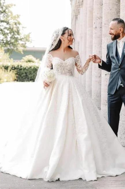 Ball Gown Sweetheart Long Sleeve Floor-Length Stain Wedding Dresses with Lace - Image 5