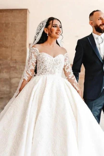 Ball Gown Sweetheart Long Sleeve Floor-Length Stain Wedding Dresses with Lace - Image 7