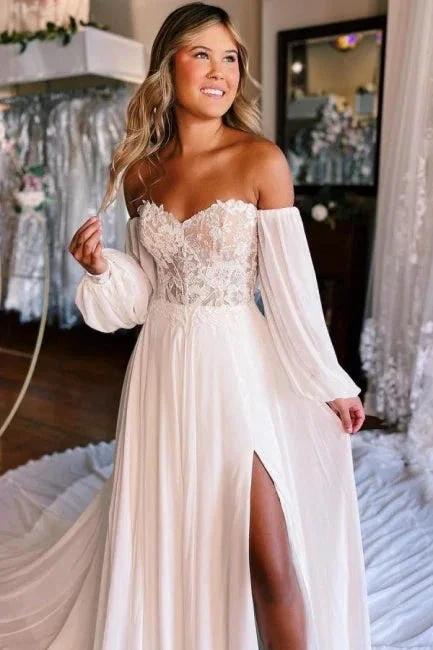 A-Line Sweetheart Long Sleeve Split Front Stain Wedding Dresses with Lace - Image 2