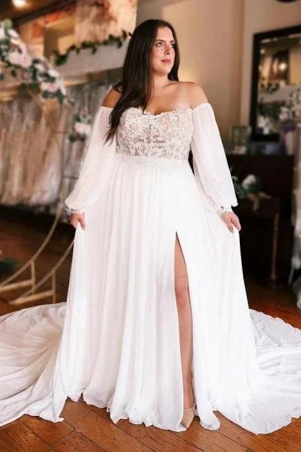 A-Line Sweetheart Long Sleeve Split Front Stain Wedding Dresses with Lace - Image 3