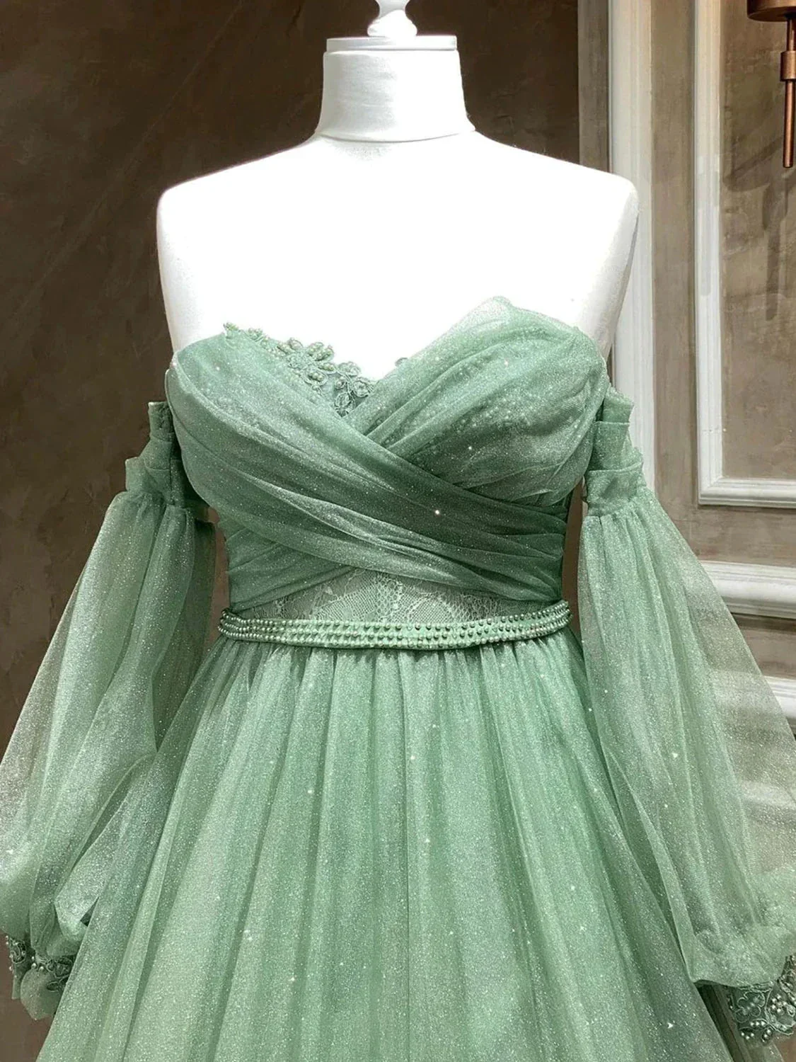 A-Line Sweetheart Neck Tulle Green Long Prom Dress, Green Formal Evening Dress Y3033 - Image 2