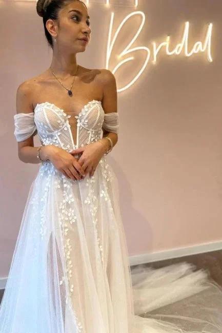 A-Line Sweetheart Off-The-Shoulder Tulle Floor-Length Wedding Dresses with Appliques - Image 2