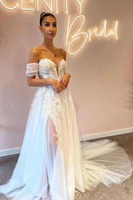 A-Line Sweetheart Off-The-Shoulder Tulle Floor-Length Wedding Dresses with Appliques - Image 3