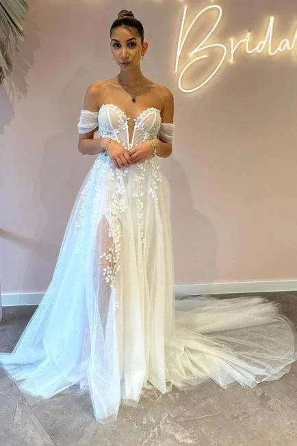 A-Line Sweetheart Off-The-Shoulder Tulle Floor-Length Wedding Dresses with Appliques - Image 4