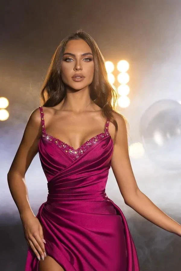 A-line Sweetheart Satin Long Split Front Prom Dresses With Beads - Image 2