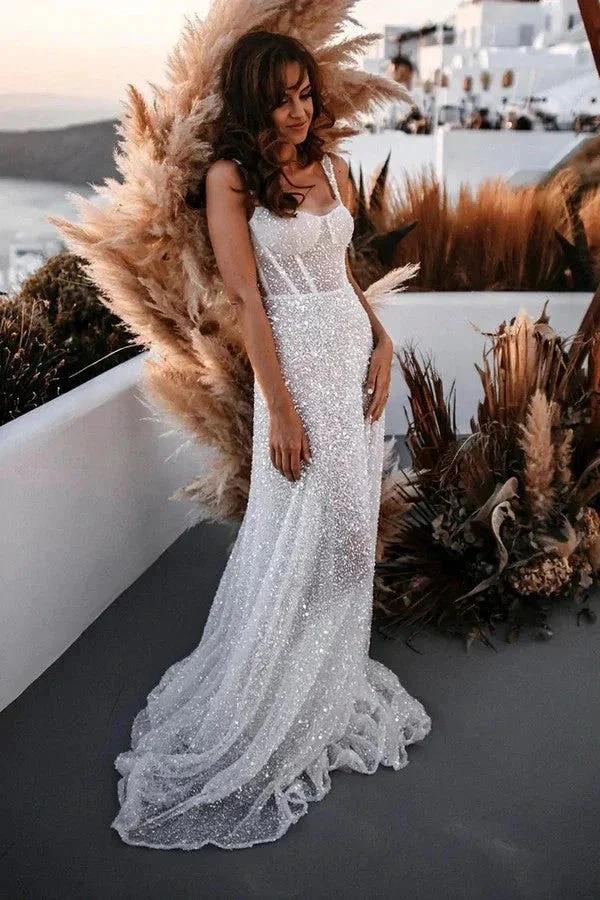 A Line Sweetheart Sparkly Sequins Beach Wedding Dress WD739 - Image 2