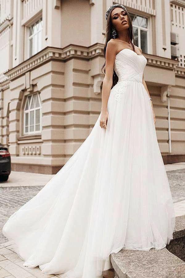 A-Line Sweetheart Sweep Train Tulle Wedding Dress with Appliques WD268 - Image 2