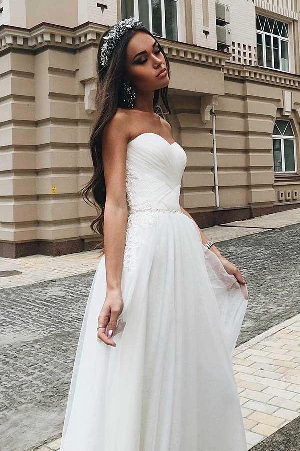 A-Line Sweetheart Sweep Train Tulle Wedding Dress with Appliques WD268 - Image 3