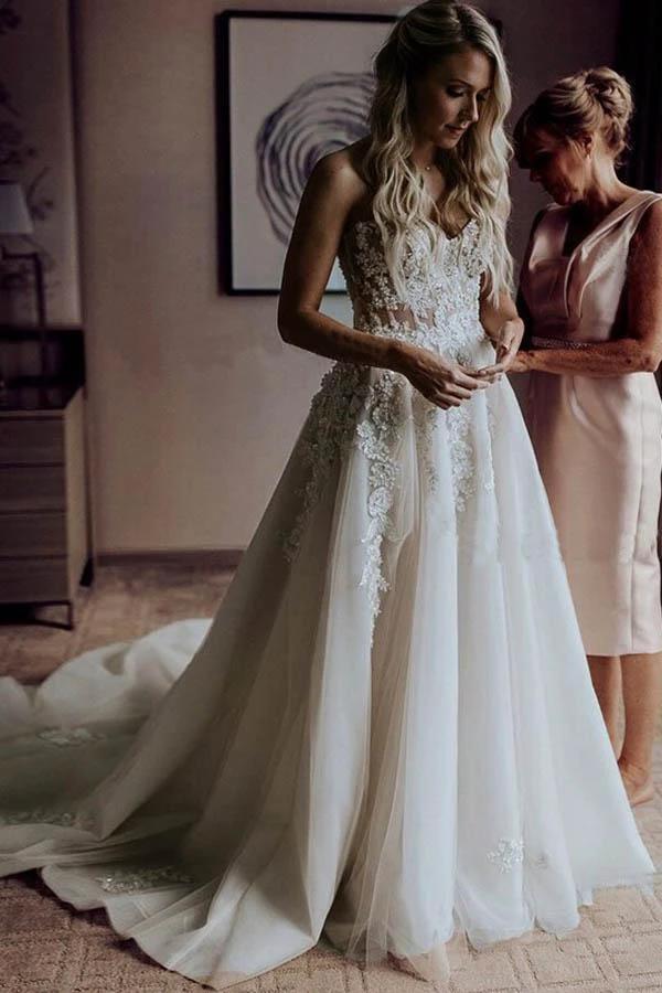 A-Line Sweetheart Sweep Train Wedding Dress with Appliques Beading WD393 - Image 2