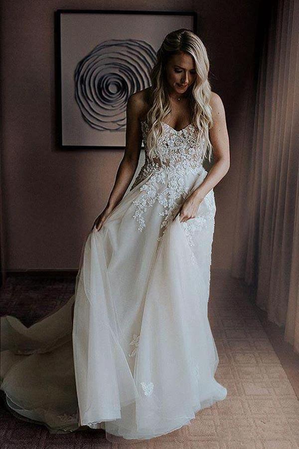 A-Line Sweetheart Sweep Train Wedding Dress with Appliques Beading WD393 - Image 3