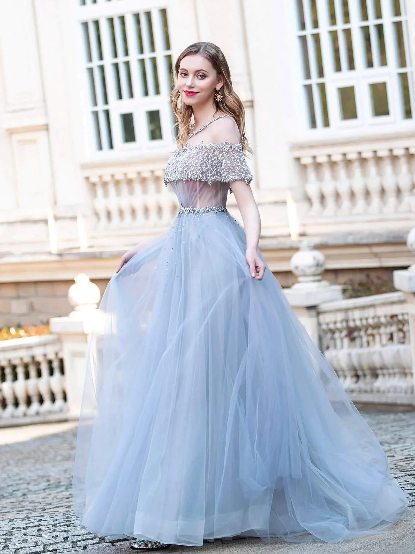 A-Line Tulle Beaded Luxurious Fashion Formal Evening Dresses Short Sleeves Floor Length Prom Dresses - Image 2