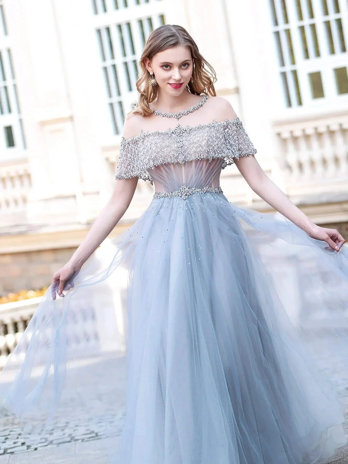 A-Line Tulle Beaded Luxurious Fashion Formal Evening Dresses Short Sleeves Floor Length Prom Dresses - Image 4