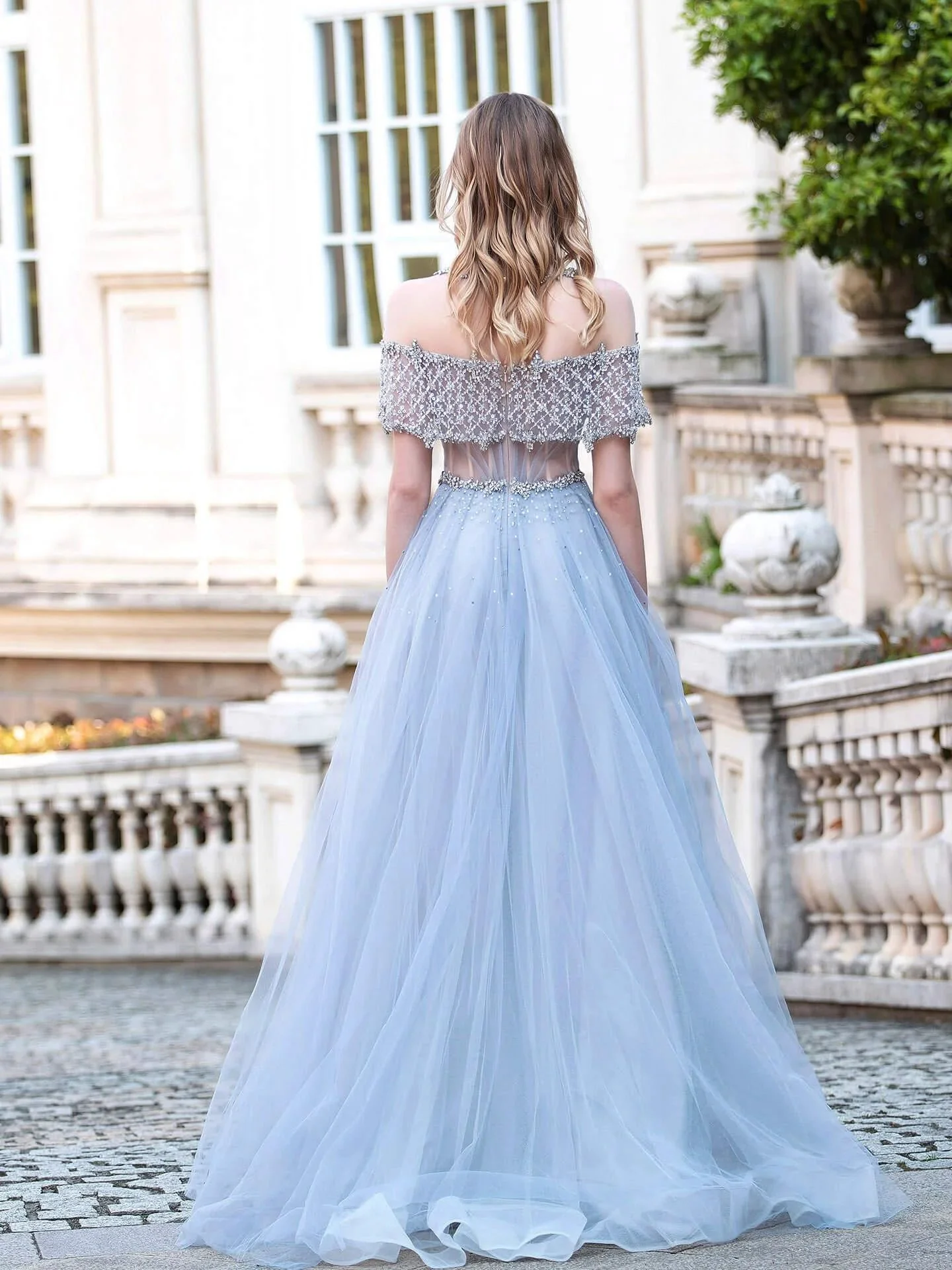 A-Line Tulle Beaded Luxurious Fashion Formal Evening Dresses Short Sleeves Floor Length Prom Dresses - Image 5