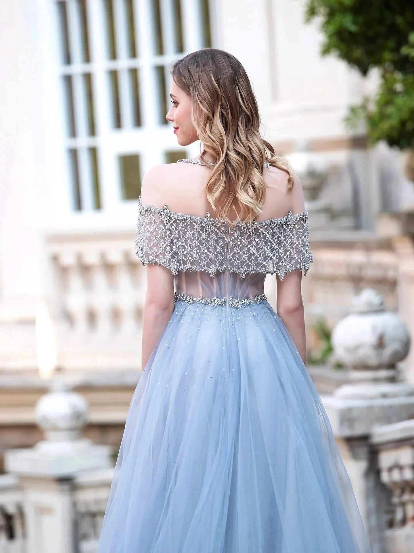 A-Line Tulle Beaded Luxurious Fashion Formal Evening Dresses Short Sleeves Floor Length Prom Dresses - Image 6