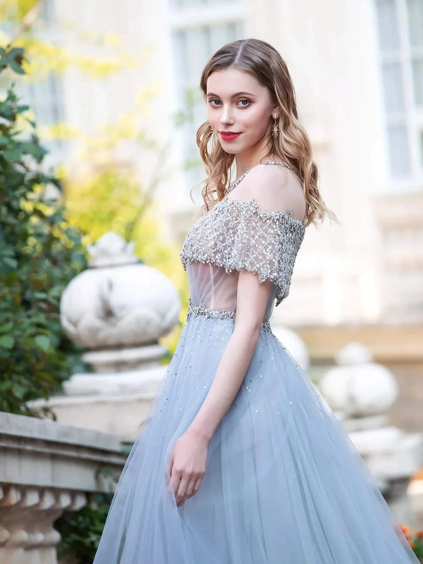 A-Line Tulle Beaded Luxurious Fashion Formal Evening Dresses Short Sleeves Floor Length Prom Dresses - Image 7