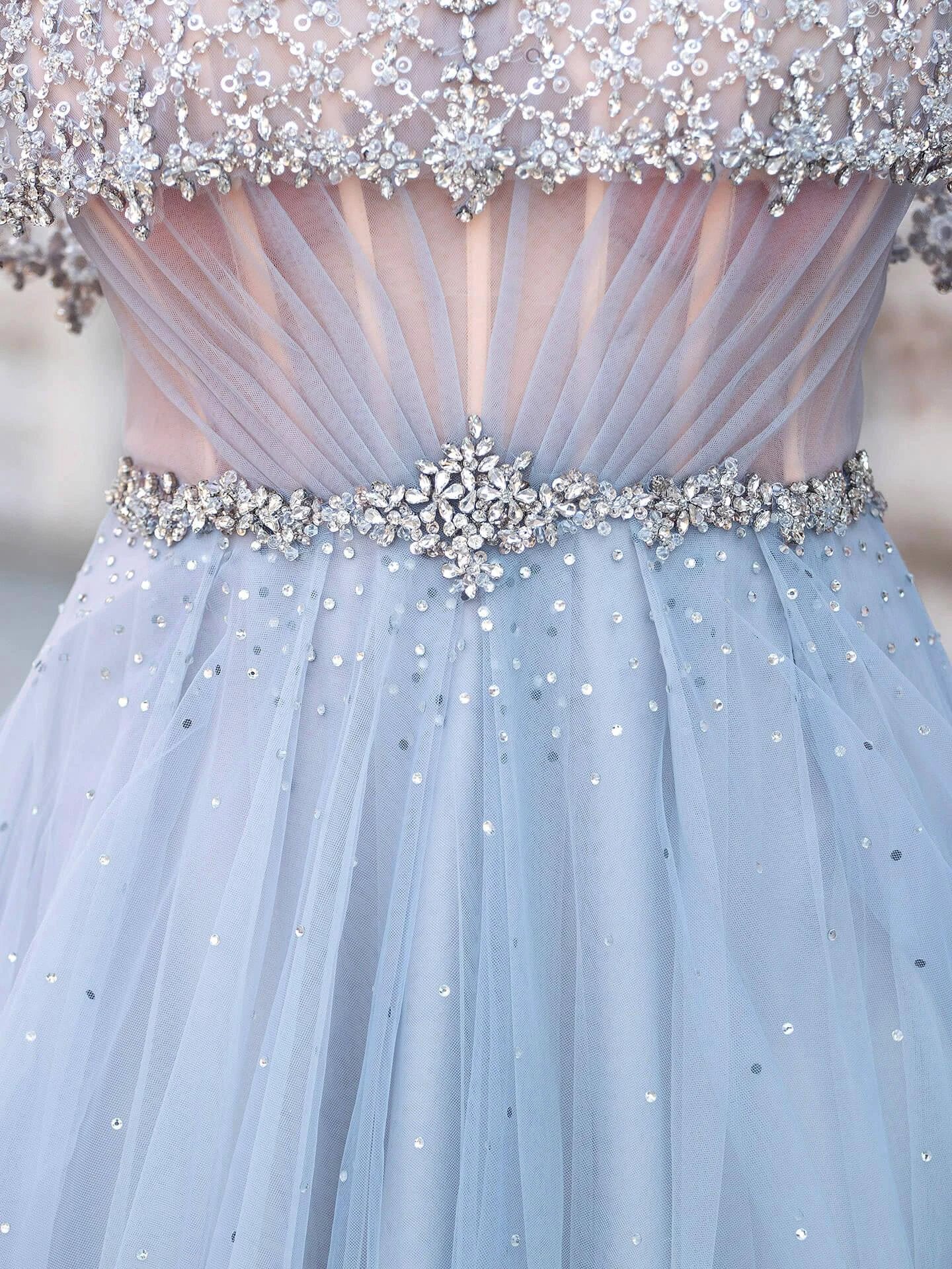 A-Line Tulle Beaded Luxurious Fashion Formal Evening Dresses Short Sleeves Floor Length Prom Dresses - Image 9