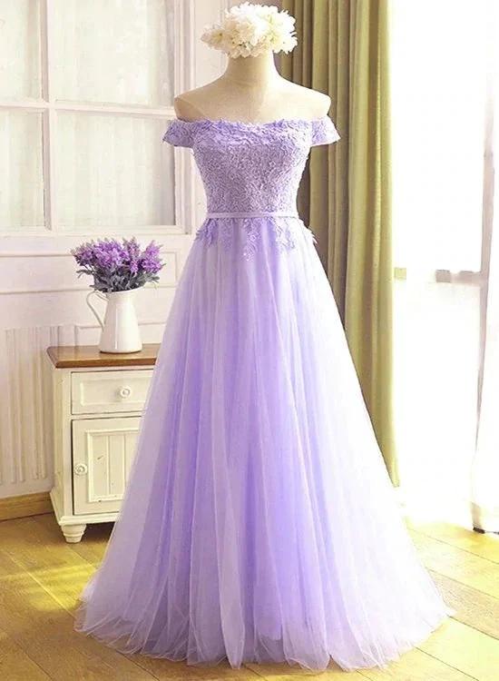 A-line Tulle Light Purple Off Shoulder Long Prom Dress Lace Applique Evening Dress Y918 - Image 2
